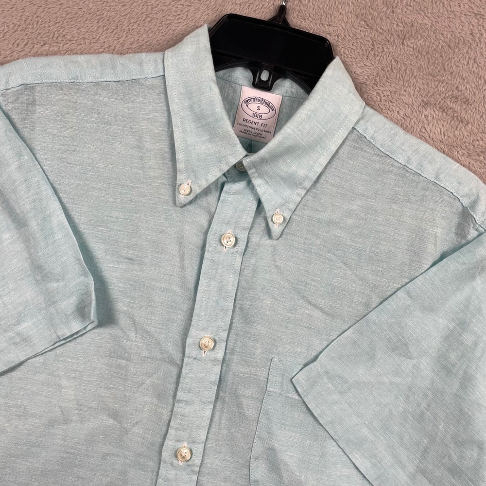 Brooks Brothers Shirt Mens Small Blue Regent 100% Linen Short Sleeve Button Down
